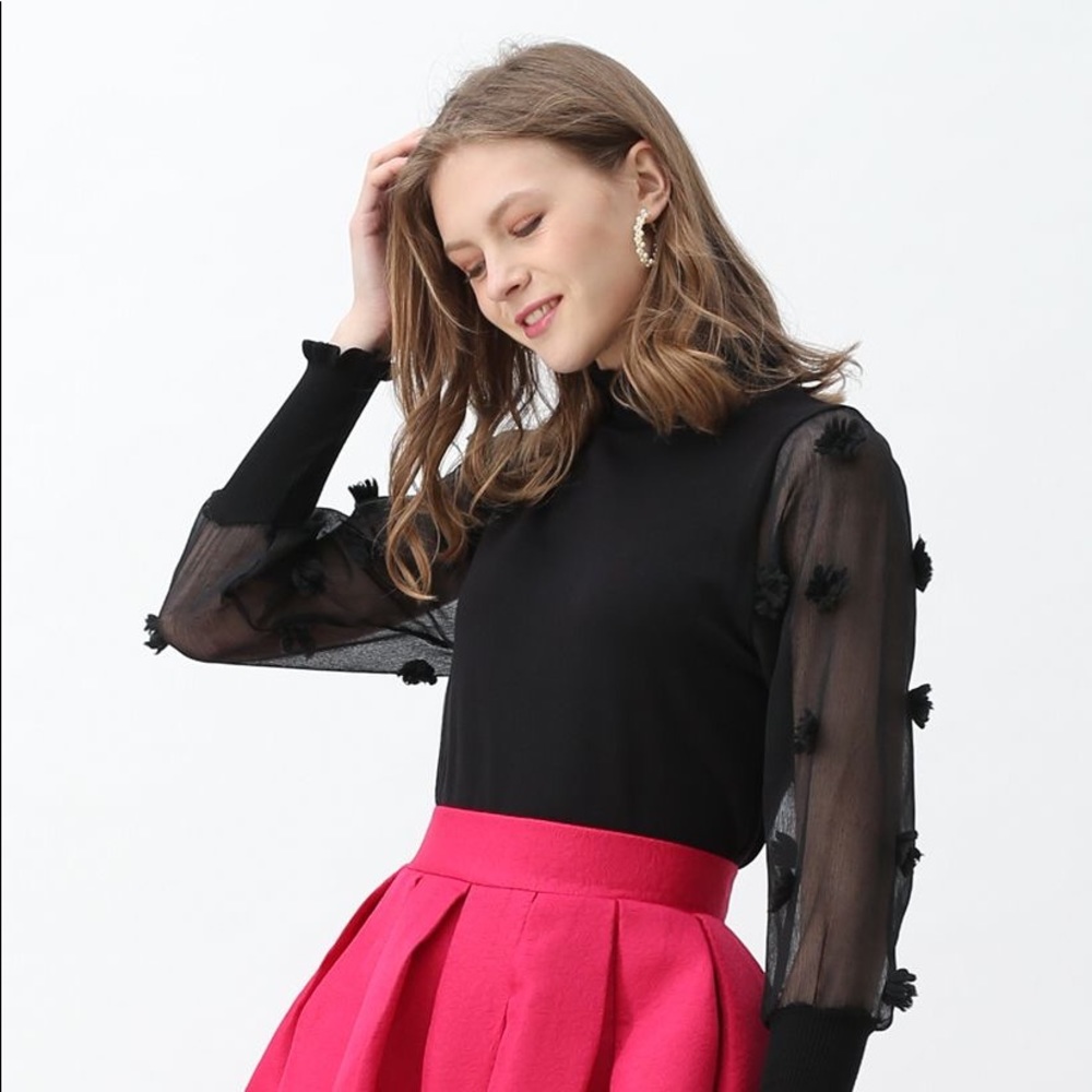 Cotton Candy Sheer Sleeves Knit Top in Black